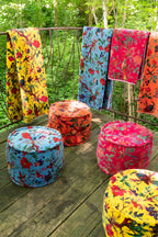 Ronde poef vogels/bloemen katoenfluweel roze - Tuincentrum Lopik