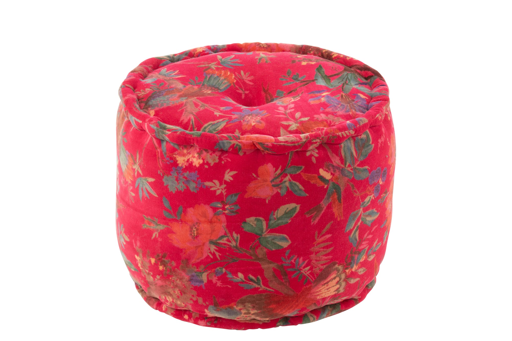 Ronde poef vogels/bloemen katoenfluweel roze - Tuincentrum Lopik
