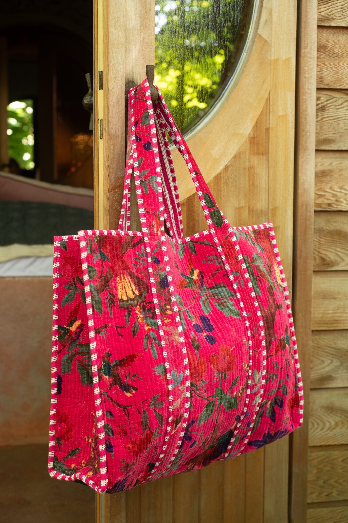 J-LINE SHOPPER BIRDS/FLOWERS FLUWEEL ROZE - Tuincentrum Lopik
