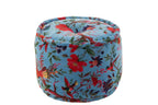 Ronde poef vogels/bloemen katoenfluweel blauw - Tuincentrum Lopik