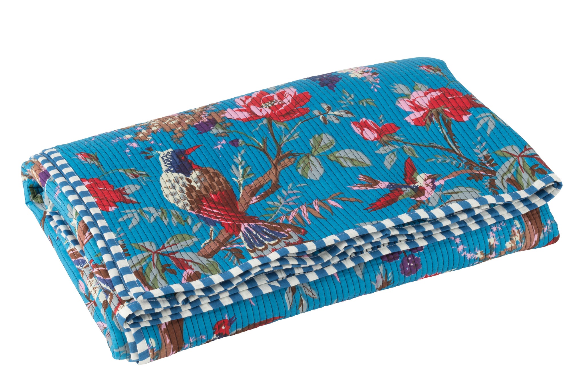 Geruite Vogels/Bloemen Katoenen Fluweel Blauw - Tuincentrum Lopik