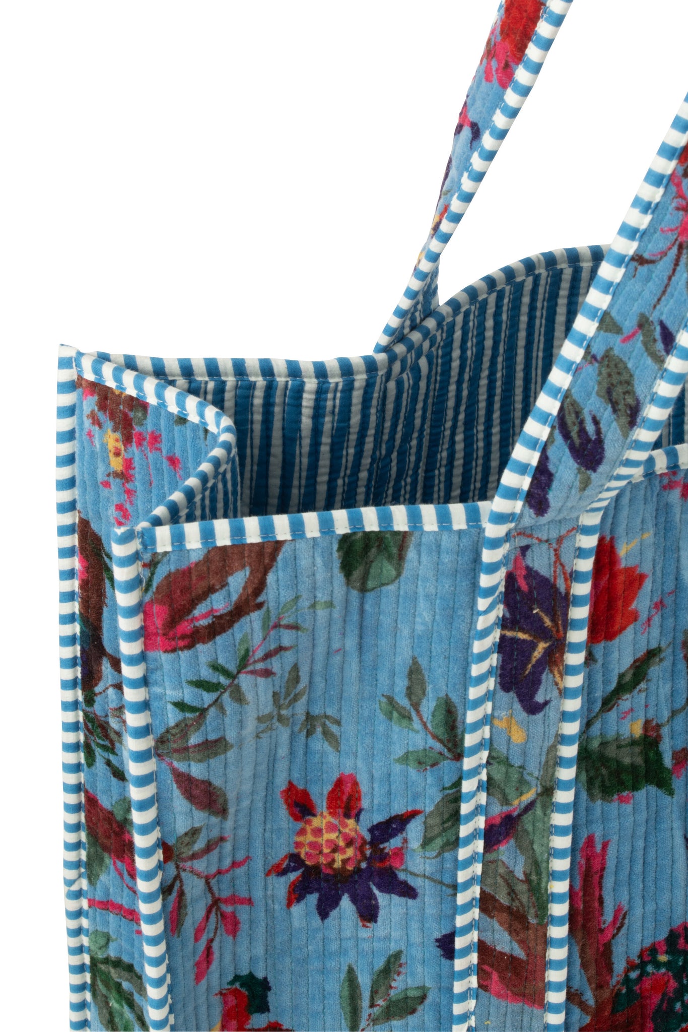 J-LINE TOTE BAG BIRDS/FLOWERS COTTON VELVET BLUE - Tuincentrum Lopik