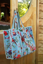 J-LINE TOTE BAG BIRDS/FLOWERS COTTON VELVET BLUE - Tuincentrum Lopik