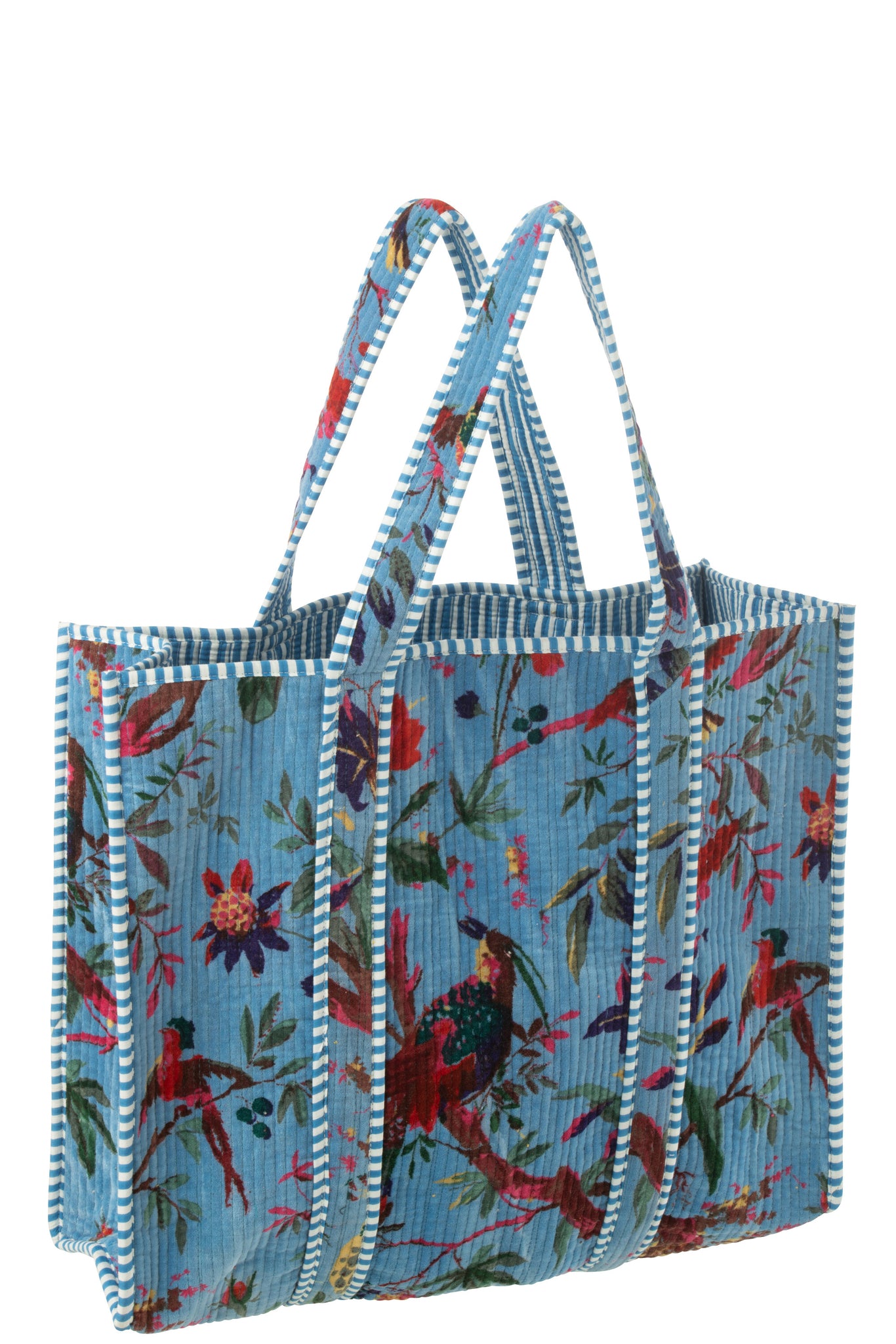 J-LINE TOTE BAG BIRDS/FLOWERS COTTON VELVET BLUE - Tuincentrum Lopik