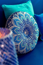 Rond vloerkussen met bloemmotief, katoen, turkoois/blauw - set van 2 - Tuincentrum Lopik