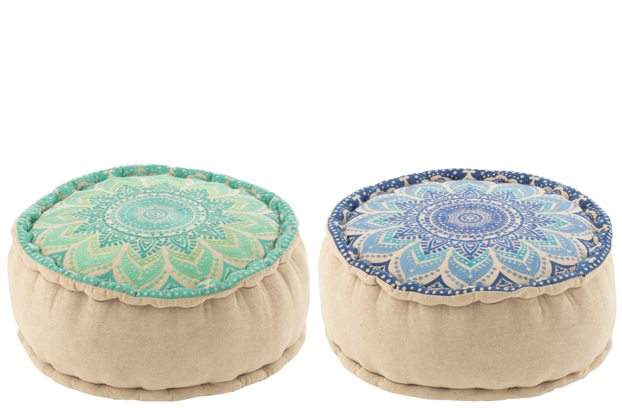 Set van 2 ronde katoenen poefs met bloemmotief in turquoise/blauw - Tuincentrum Lopik