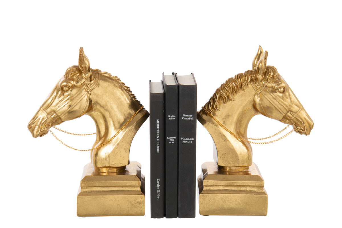 Set Of 2 Bookend On Base Horse Head Polyresin Gold Colored - Tuincentrum Lopik