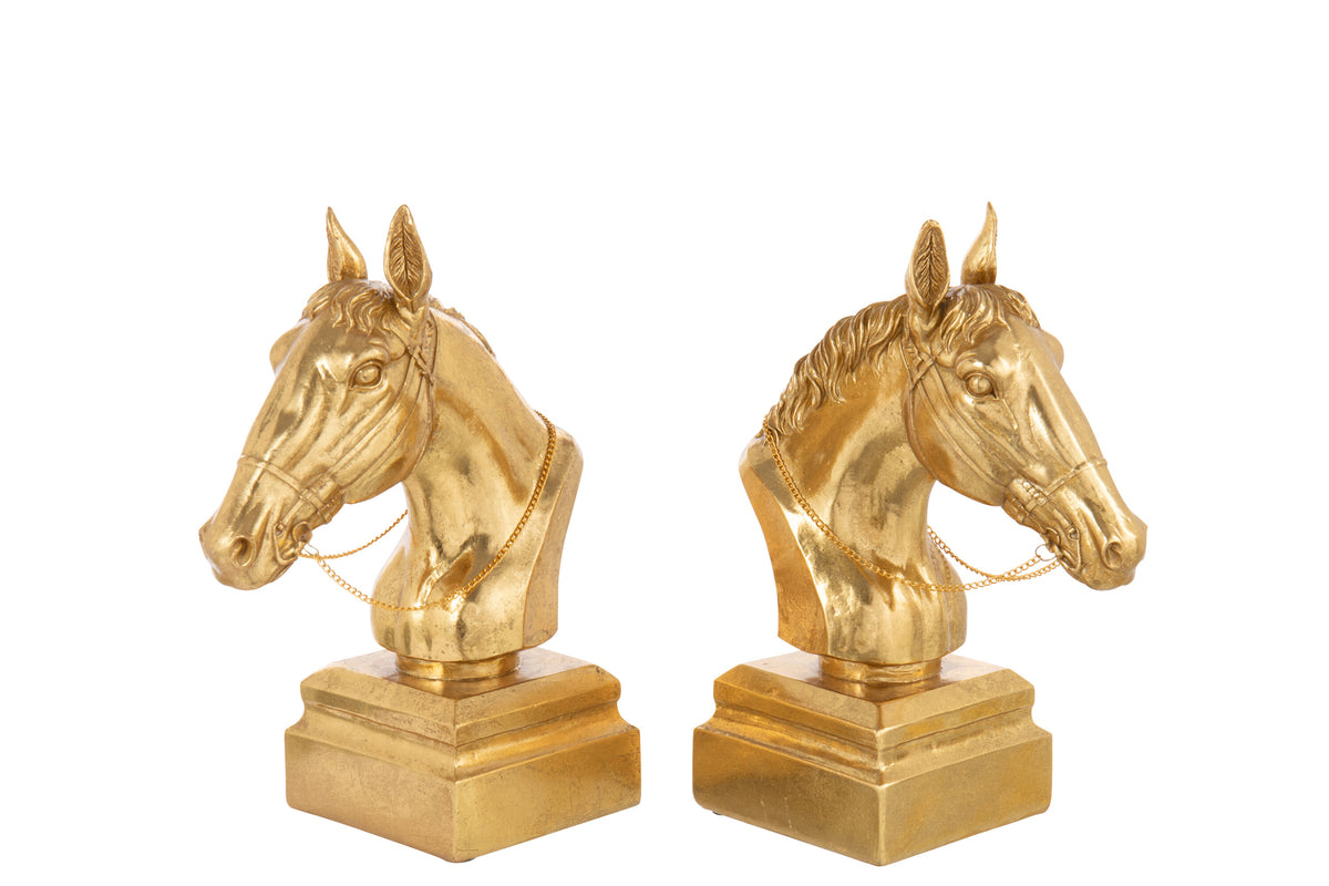 Set Of 2 Bookend On Base Horse Head Polyresin Gold Colored - Tuincentrum Lopik