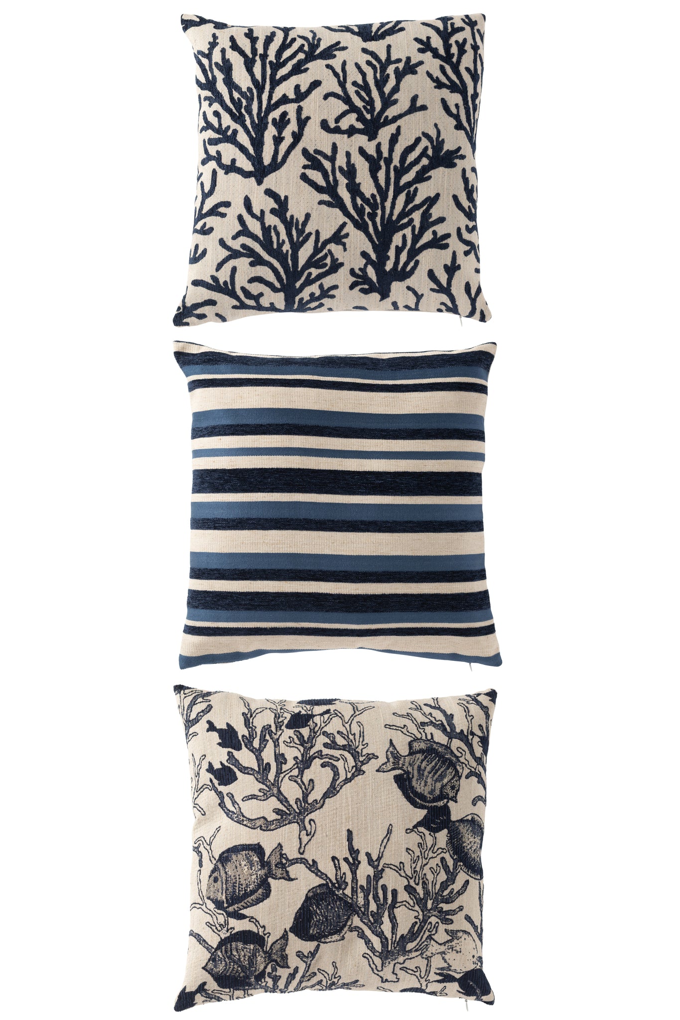 J-LINE KUSSEN KORAAL/STREPEN VIERKANT POLYESTER BLAUW/GEBROKEN WIT SET VAN 3 - Tuincentrum Lopik