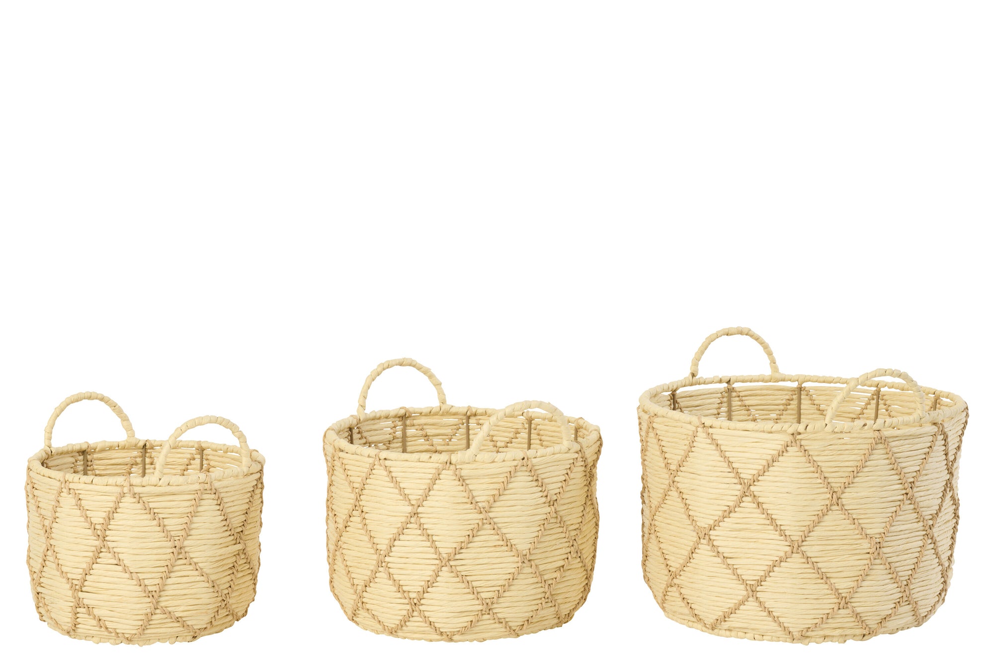 J-LINE SET OF 3 BASKET WITH HANDLE ROUND CHECKERED PAPER NATURAL/BEIGE - Tuincentrum Lopik
