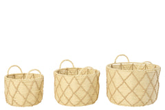 J-LINE SET OF 3 BASKET WITH HANDLE ROUND CHECKERED PAPER NATURAL/BEIGE - Tuincentrum Lopik