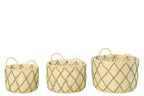 Set Of 3 Basket With Handle Round Checkered Paper Natural/Khaki Green - Tuincentrum Lopik