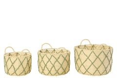 Set Of 3 Basket With Handle Round Checkered Paper Natural/Khaki Green - Tuincentrum Lopik