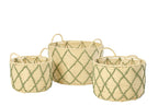 Set Of 3 Basket With Handle Round Checkered Paper Natural/Khaki Green - Tuincentrum Lopik