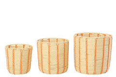 Set Of 3 Basket Round Striped Paper Natural/Orange - Tuincentrum Lopik