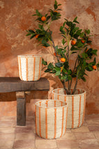 Set Of 3 Basket Round Striped Paper Natural/Orange - Tuincentrum Lopik