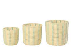 Set Of 3 Basket Round Striped Paper Natural/Azure Blue - Tuincentrum Lopik
