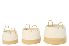 J-LINE SET OF 3 BASKET WITH HANDLE ROUND POLYESTER NATURAL/WHITE - Tuincentrum Lopik