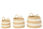 Set Of 3 Basket With Handle Round Striped Polyester Natural/White - Tuincentrum Lopik