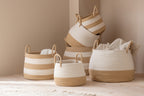 Set Of 3 Basket With Handle Round Striped Polyester Natural/White - Tuincentrum Lopik