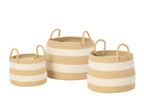 Set Of 3 Basket With Handle Round Striped Polyester Natural/White - Tuincentrum Lopik
