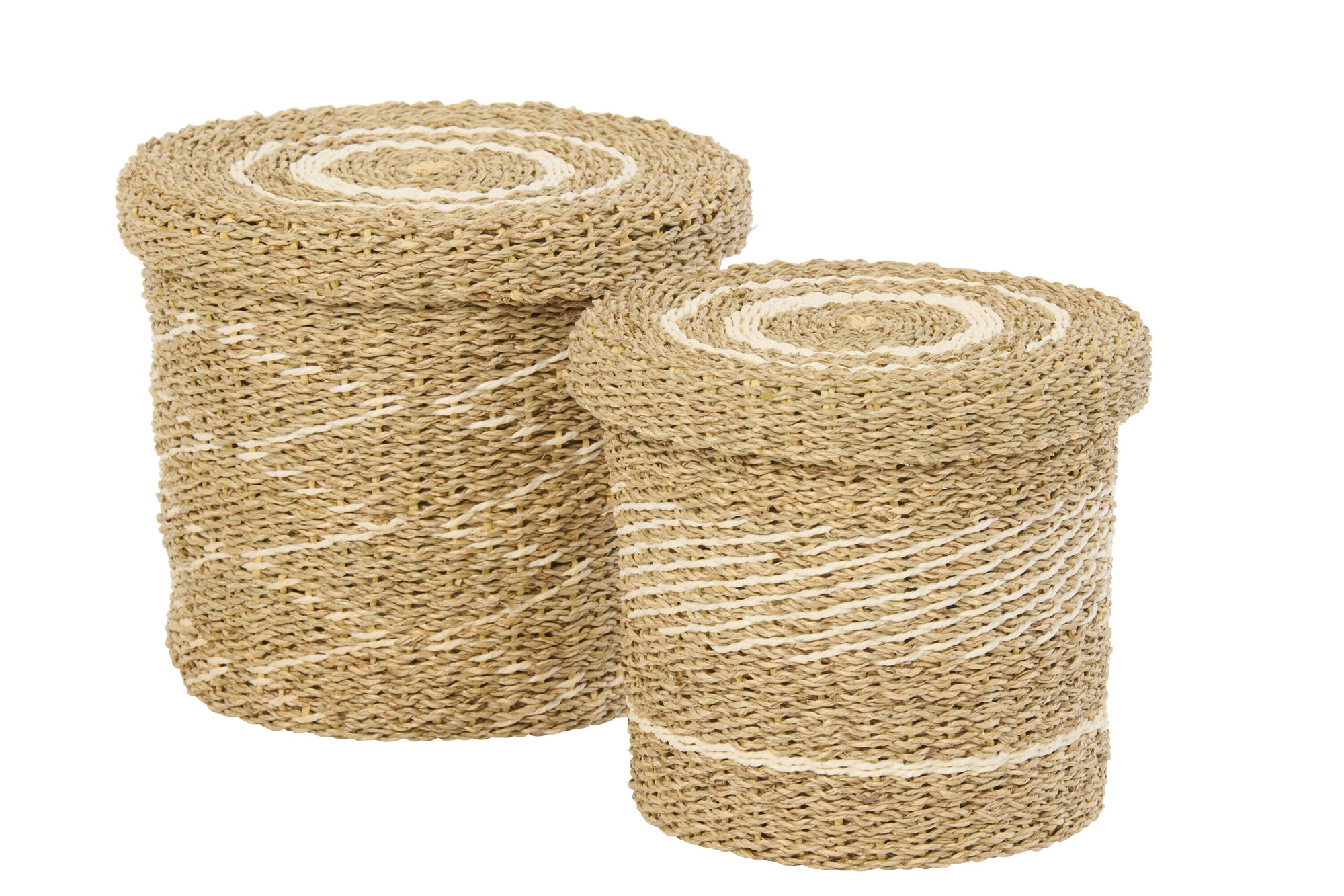 J-LINE SET OF 2 BASKET + LID STRIPED PAPER WHITE/NATURAL - Tuincentrum Lopik