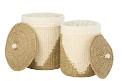 Set Of 2 Basket +  Lid Paper White/Natural - Tuincentrum Lopik