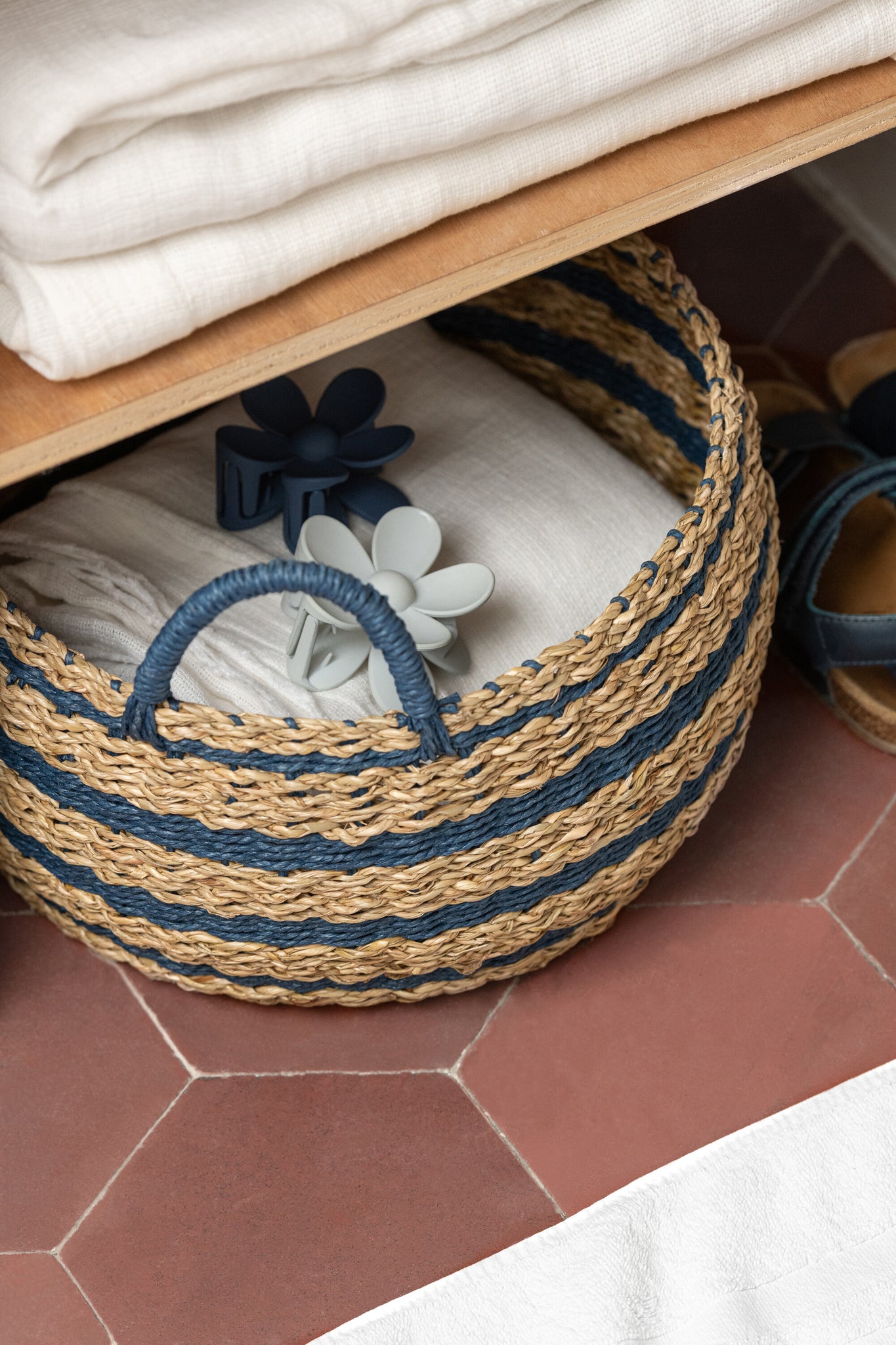 J-LINE SET OF 2 BASKET STRIPED PAPER NATURAL/BLUE - Tuincentrum Lopik