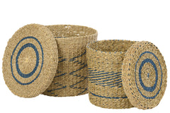 Set Of 2 Basket +  Lid Striped Paper Natural/Blue - Tuincentrum Lopik