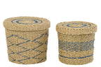 Set Of 2 Basket +  Lid Striped Paper Natural/Blue - Tuincentrum Lopik