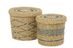 Set Of 2 Basket +  Lid Striped Paper Natural/Blue - Tuincentrum Lopik