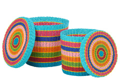 Set Of 2 Basket +  Lid Striped Paper Multi - Tuincentrum Lopik