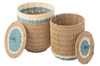 Set Of 2 Basket With Lid Striped Paper Natural/Light Blue - Tuincentrum Lopik