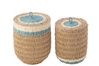 Set Of 2 Basket With Lid Striped Paper Natural/Light Blue - Tuincentrum Lopik