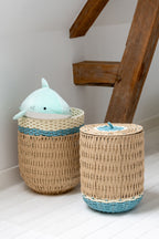 Set Of 2 Basket With Lid Striped Paper Natural/Light Blue - Tuincentrum Lopik