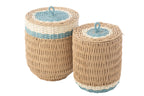 Set Of 2 Basket With Lid Striped Paper Natural/Light Blue - Tuincentrum Lopik