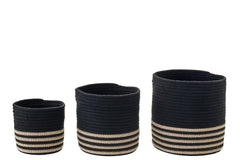 J-LINE SET OF 3 BASKET STRIPED POLYESTER BLACK/BEIGE - Tuincentrum Lopik