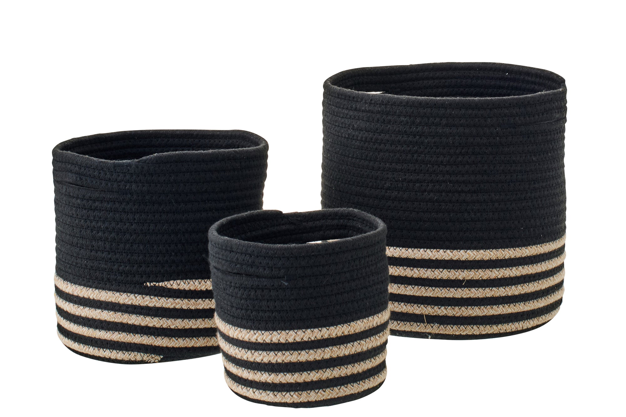 J-LINE SET OF 3 BASKET STRIPED POLYESTER BLACK/BEIGE - Tuincentrum Lopik