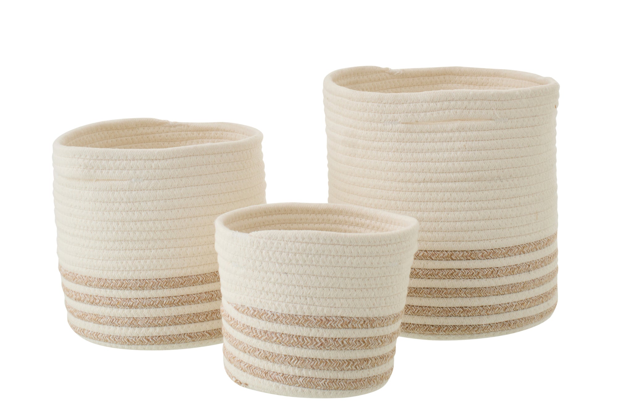 J-LINE SET OF 3 BASKET STRIPED POLYESTER WHITE/BEIGE - Tuincentrum Lopik