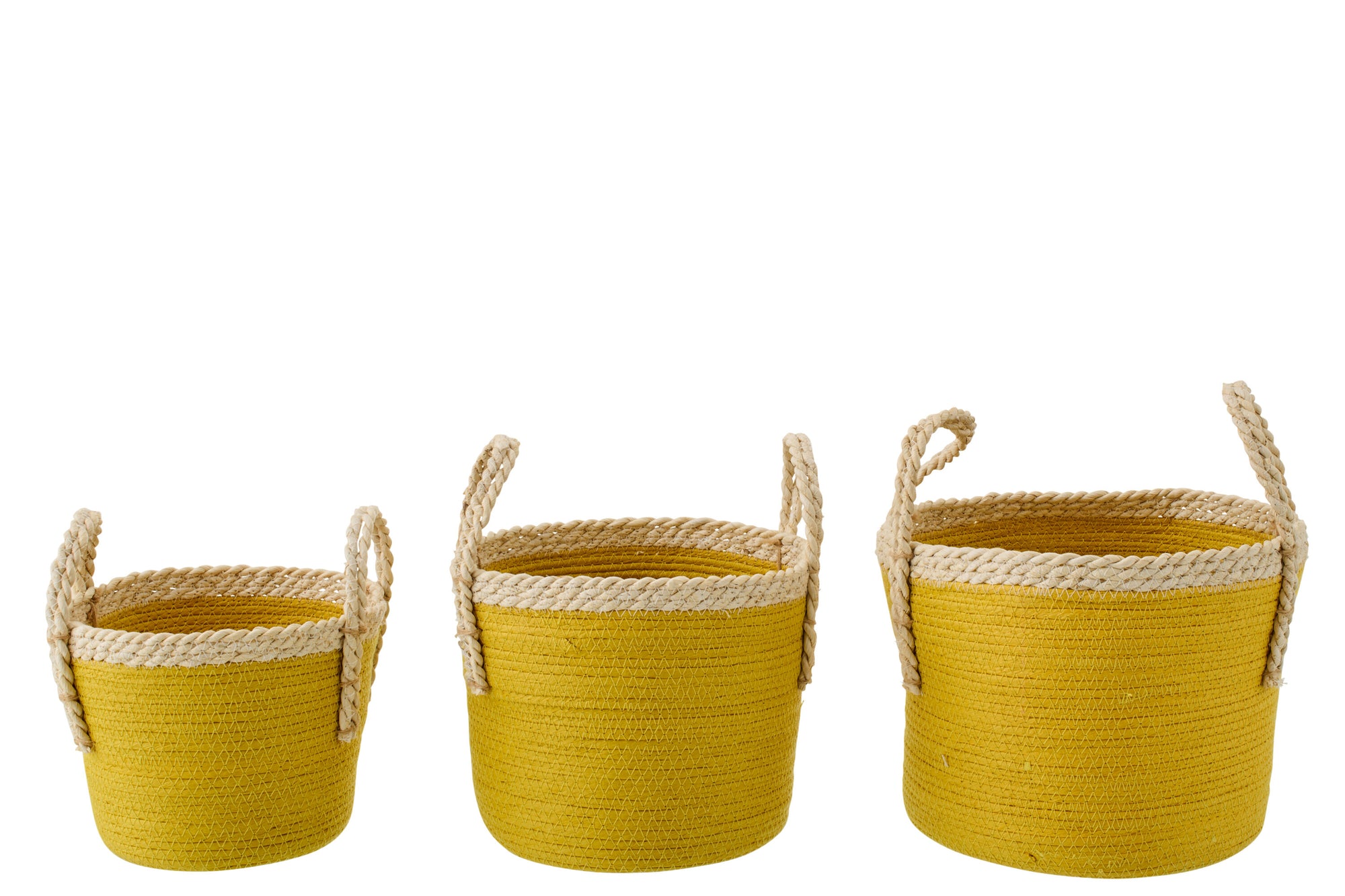 J-LINE SET OF 3 BASKET WITH HANDLES PAPER MUSTARD YELLOW/NATURAL - Tuincentrum Lopik