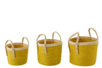 J-LINE SET OF 3 BASKET WITH HANDLES PAPER MUSTARD YELLOW/NATURAL - Tuincentrum Lopik