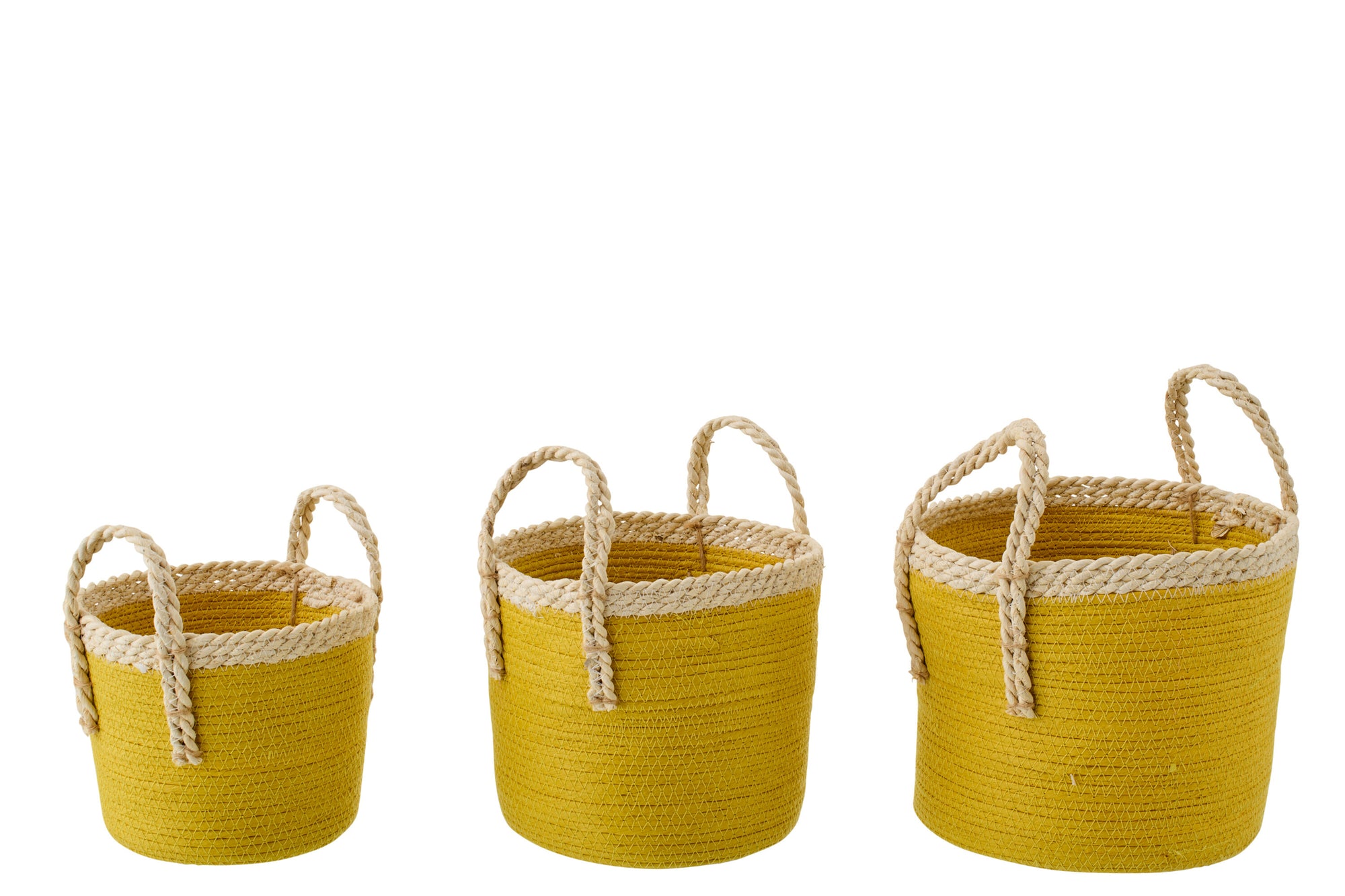J-LINE SET OF 3 BASKET WITH HANDLES PAPER MUSTARD YELLOW/NATURAL - Tuincentrum Lopik
