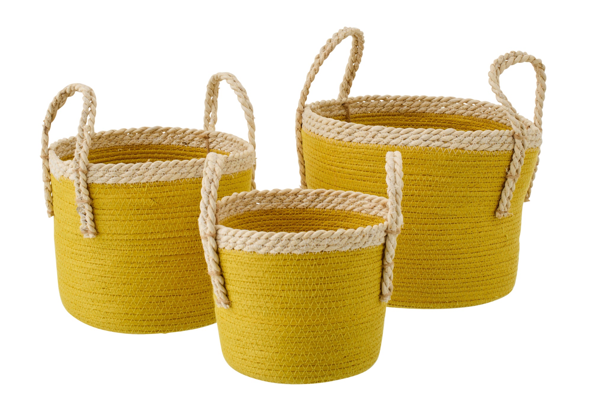 J-LINE SET OF 3 BASKET WITH HANDLES PAPER MUSTARD YELLOW/NATURAL - Tuincentrum Lopik