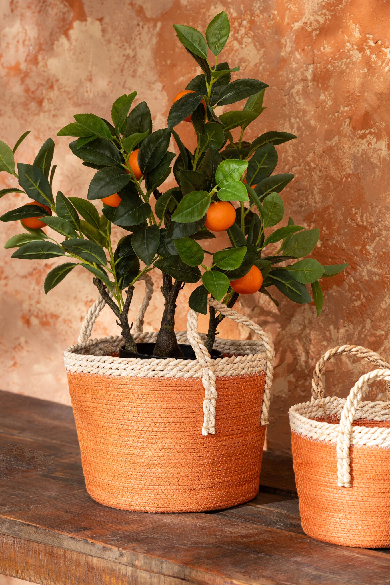 J-LINE SET OF 3 BASKET WITH HANDLES PAPER DARK ORANGE/NATURAL - Tuincentrum Lopik