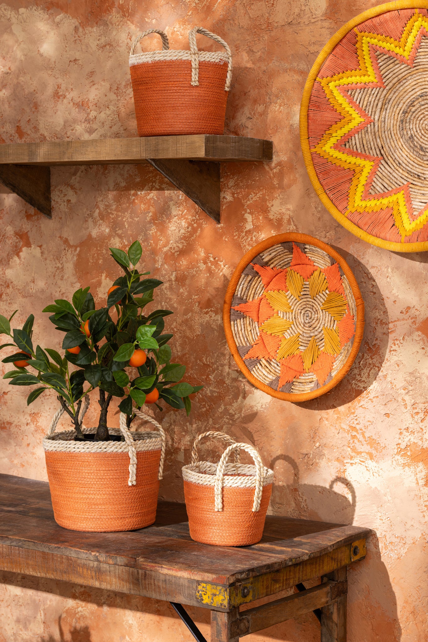 J-LINE SET OF 3 BASKET WITH HANDLES PAPER DARK ORANGE/NATURAL - Tuincentrum Lopik