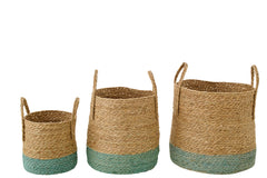 Set Of 3 Basket With Handles Rush Natural/Grey-Green - Tuincentrum Lopik