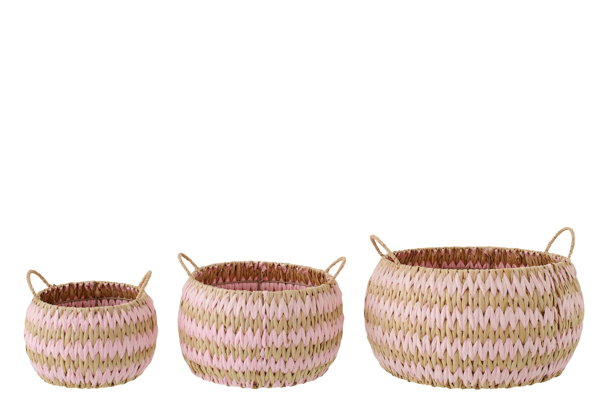 J-LINE SET OF 3 BASKET WITH HANDLES STRIPED RUSH NATURAL/LIGHT PINK - Tuincentrum Lopik