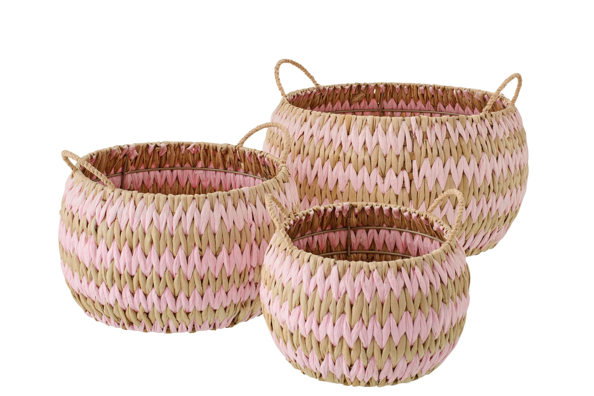 J-LINE SET OF 3 BASKET WITH HANDLES STRIPED RUSH NATURAL/LIGHT PINK - Tuincentrum Lopik