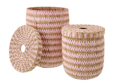 Set Of 2 Basket With Lid Striped Rush Natural/Light Pink - Tuincentrum Lopik
