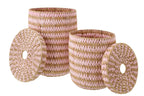 Set Of 2 Basket With Lid Striped Rush Natural/Light Pink - Tuincentrum Lopik